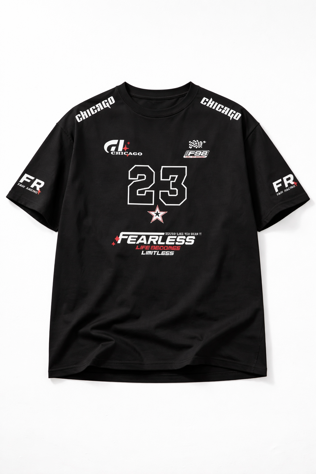 NexusGoods Fearless 23 Chicago Graphic Oversized T-Shirt – Racing Inspired Streetwear Tee